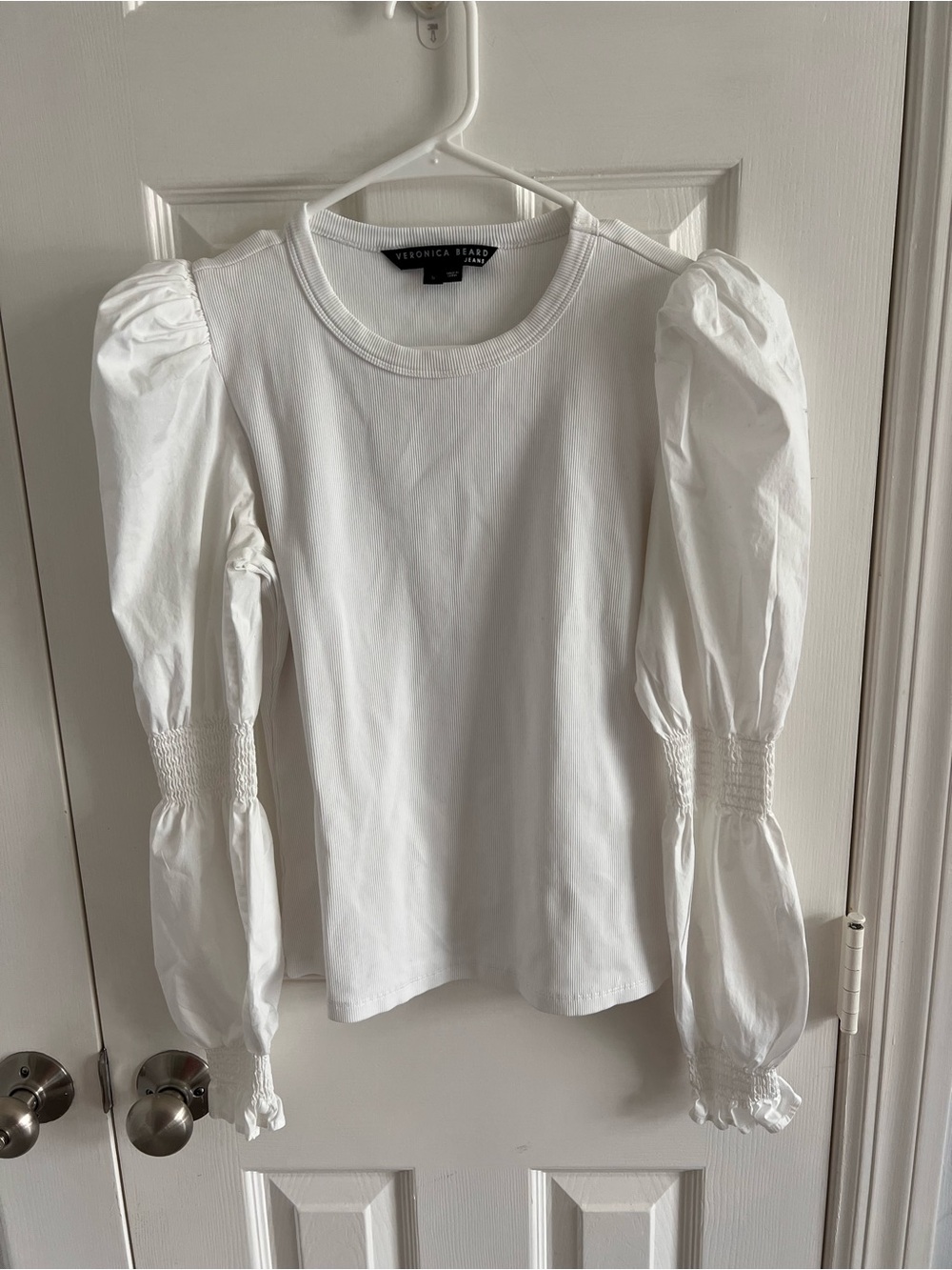 Veronica Beard White Puff-Sleeve Long Sleeve Top